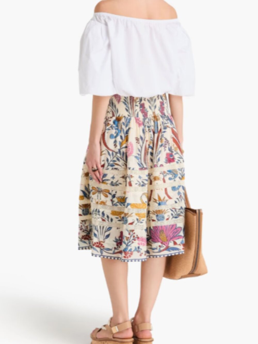 FARM RIO Ana Crocheted lace-trimmed printed cotton-blend midi skirt sz M - Picture 3 of 5